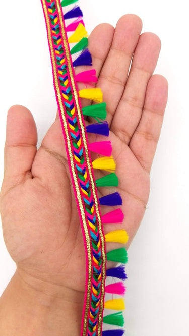 Pink And Multicoloured Braided Fringe Thread Lace Trim, Rainbow Tassels Trim, Fringe Trimming